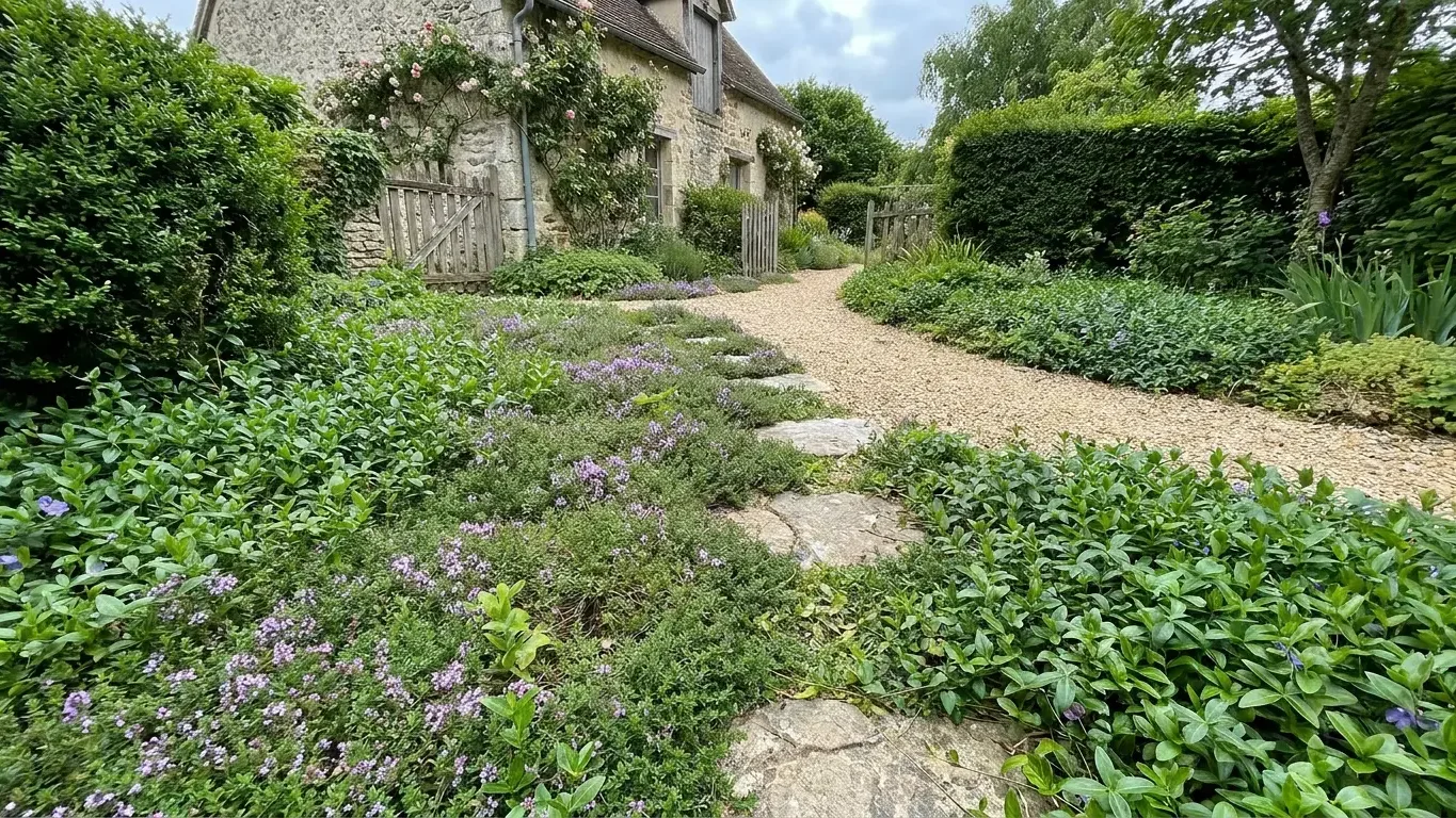 Couvre-sol dense remplaçant la pelouse entre des pas japonais dans un jardin facile
