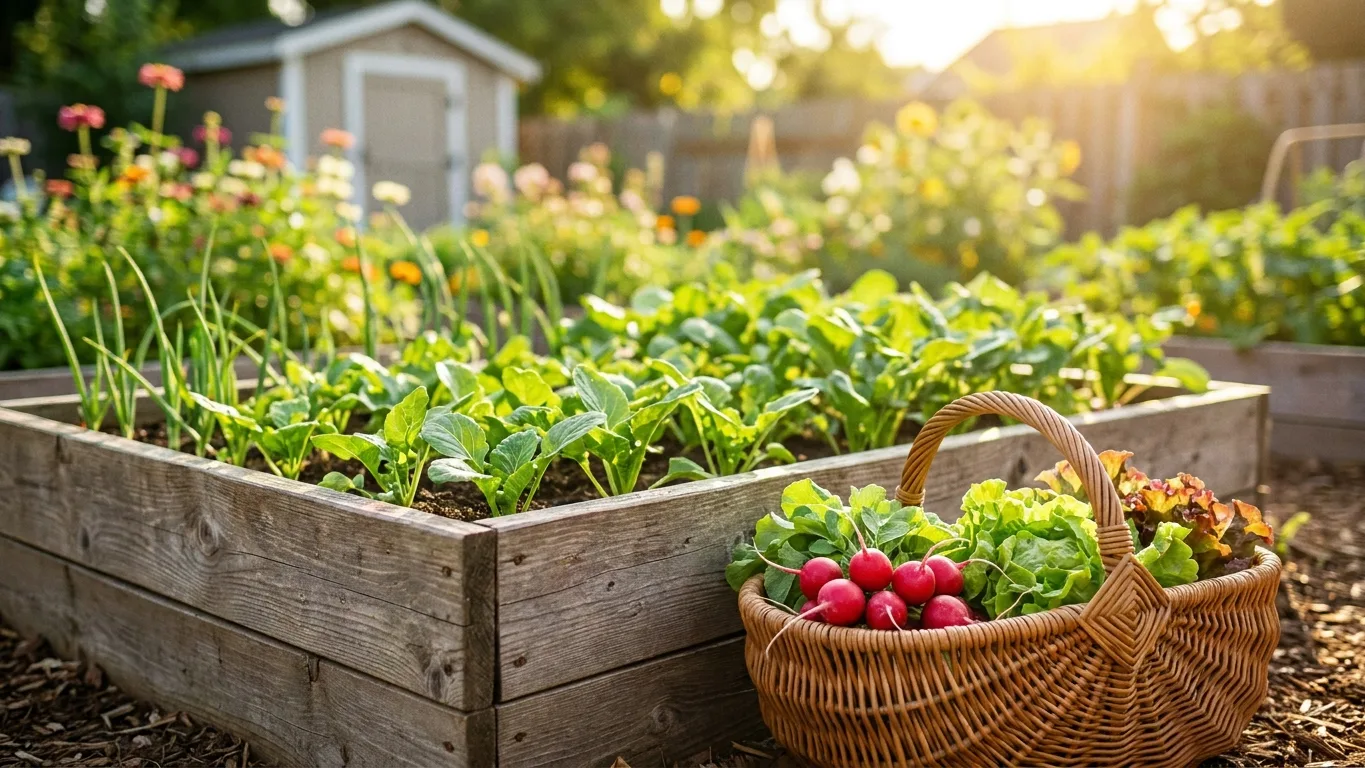 Premier potager de débutant avec panier de récolte de radis et salades