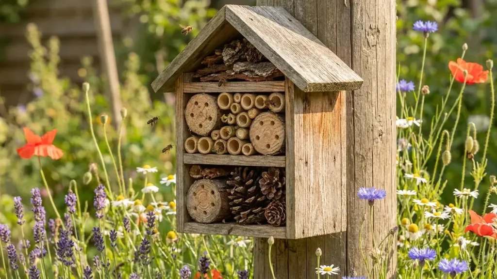 Hôtel à insectes pour abeilles solitaires dans un jardin