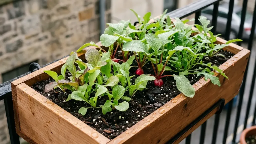 Jardinière de salades, radis et roquette sur un rebord de balcon