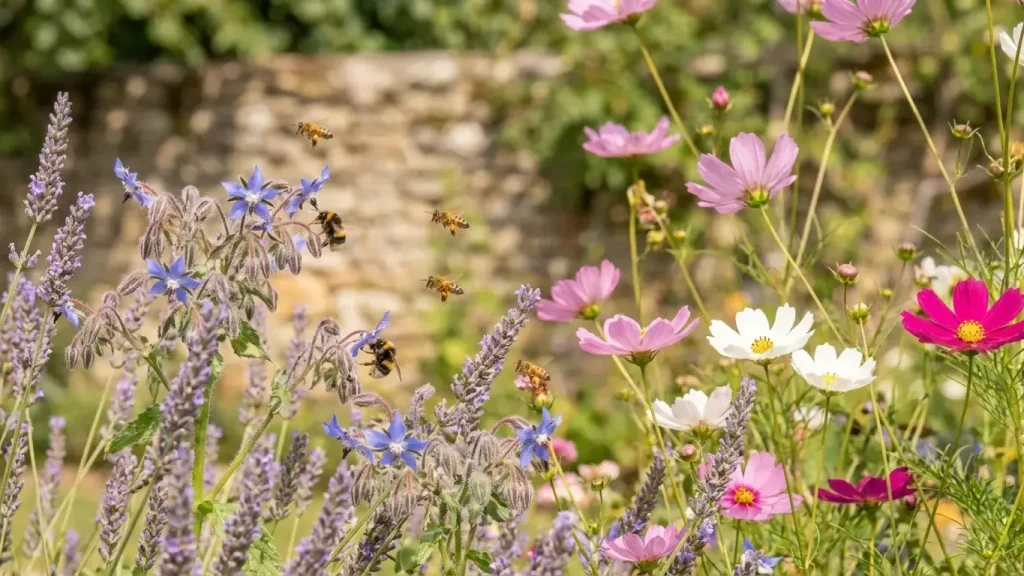 Massif de fleurs mellifères avec abeilles butinant