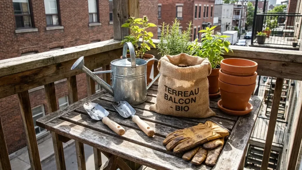 Outils de jardinage, terreau et pots pour débuter un potager de balcon