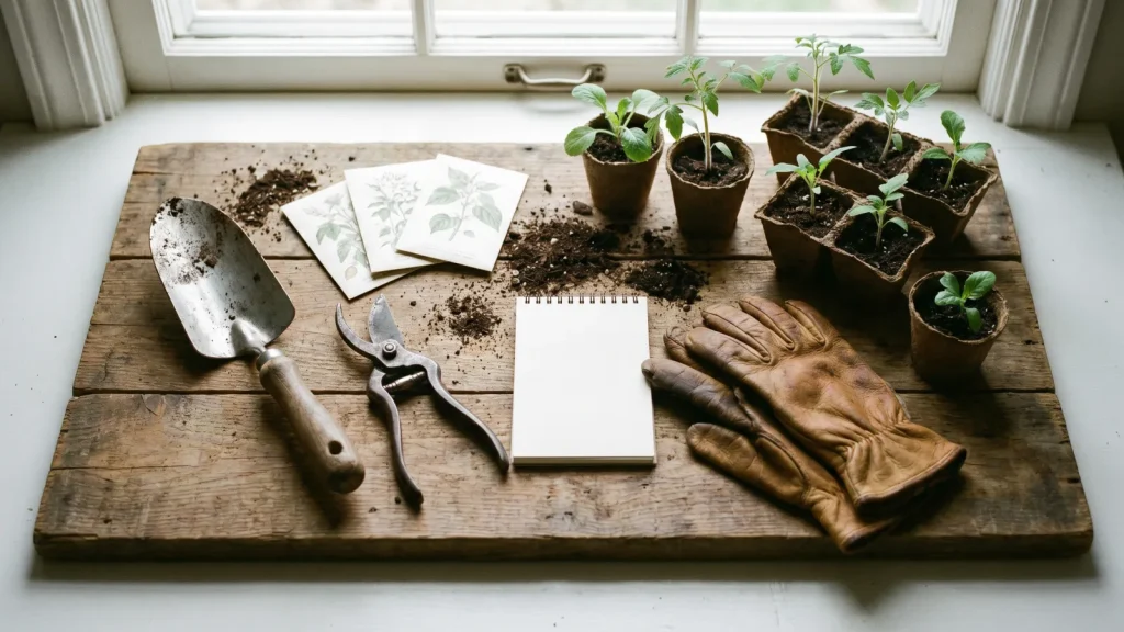 Outils de jardinage et sachets de graines pour le potager
