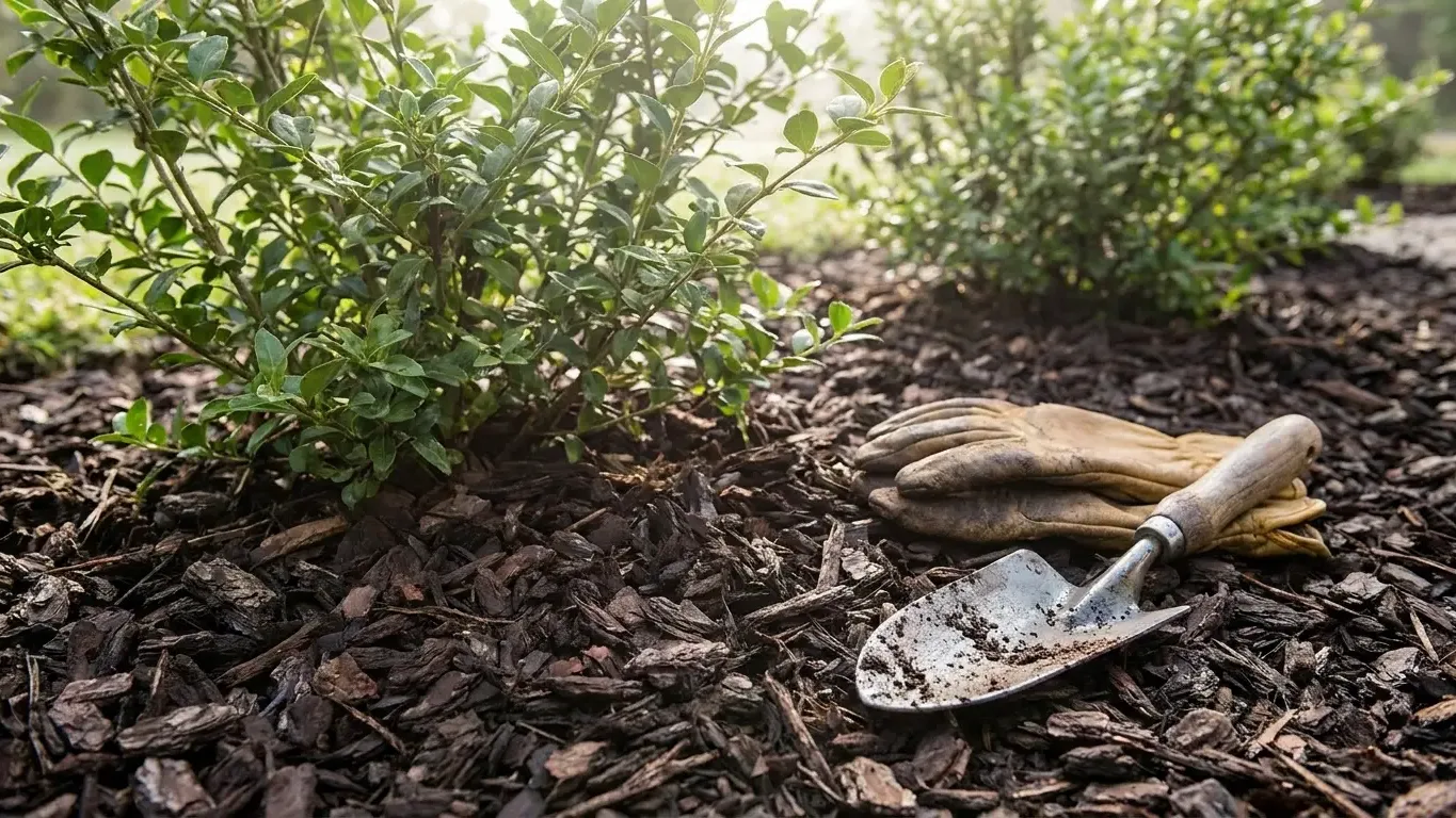 Paillage organique au pied des arbustes avec gants et transplantoir de jardinage
