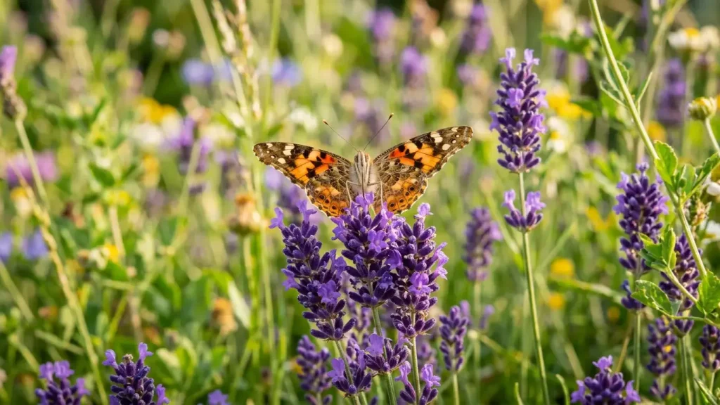 Papillon butinant une fleur de lavande au jardin