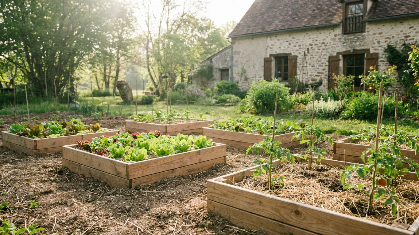 Potager de débutant au printemps avec carrés surélevés et jeunes plants