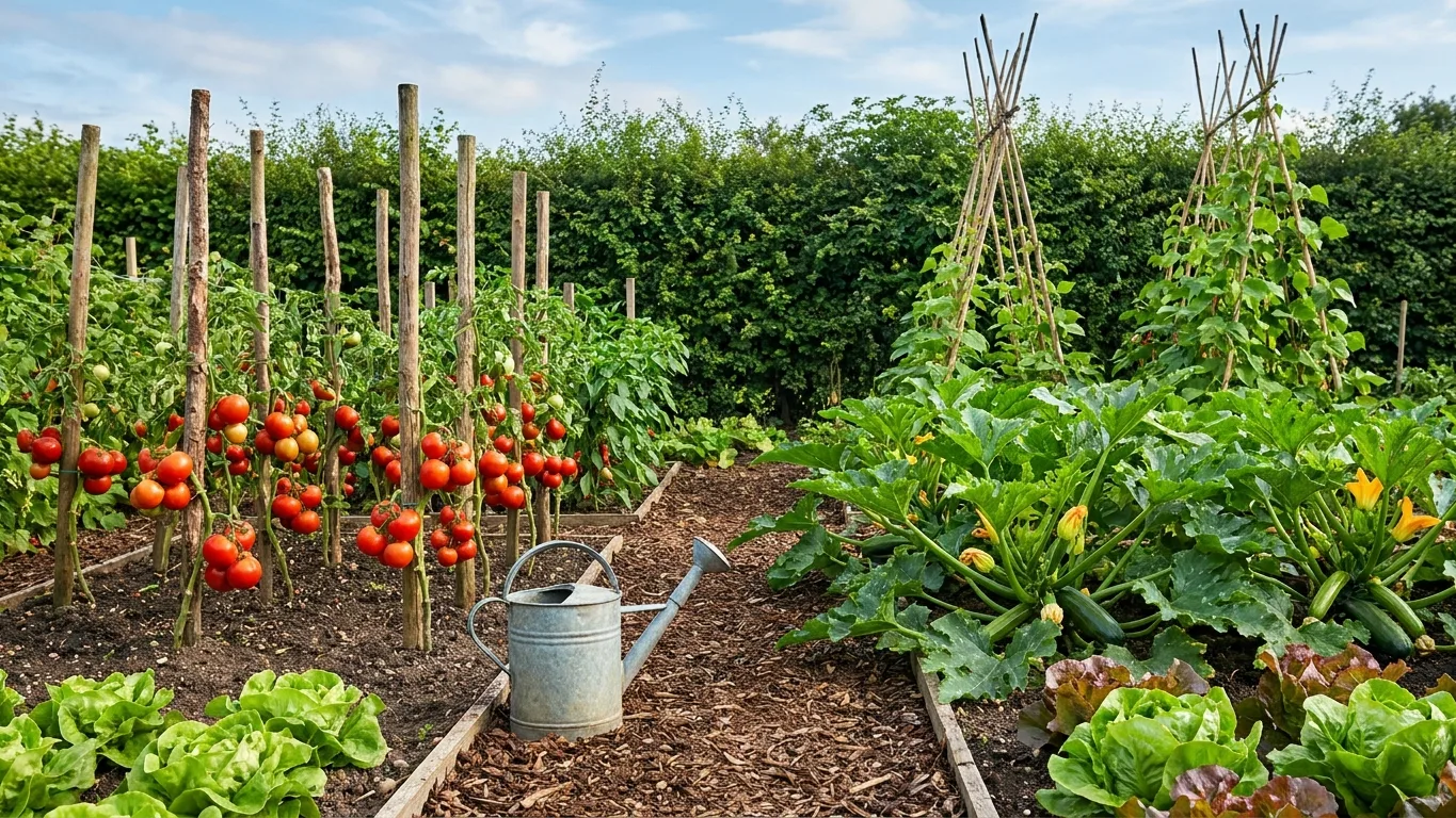 Potager d’été productif avec tomates, courgettes et salades