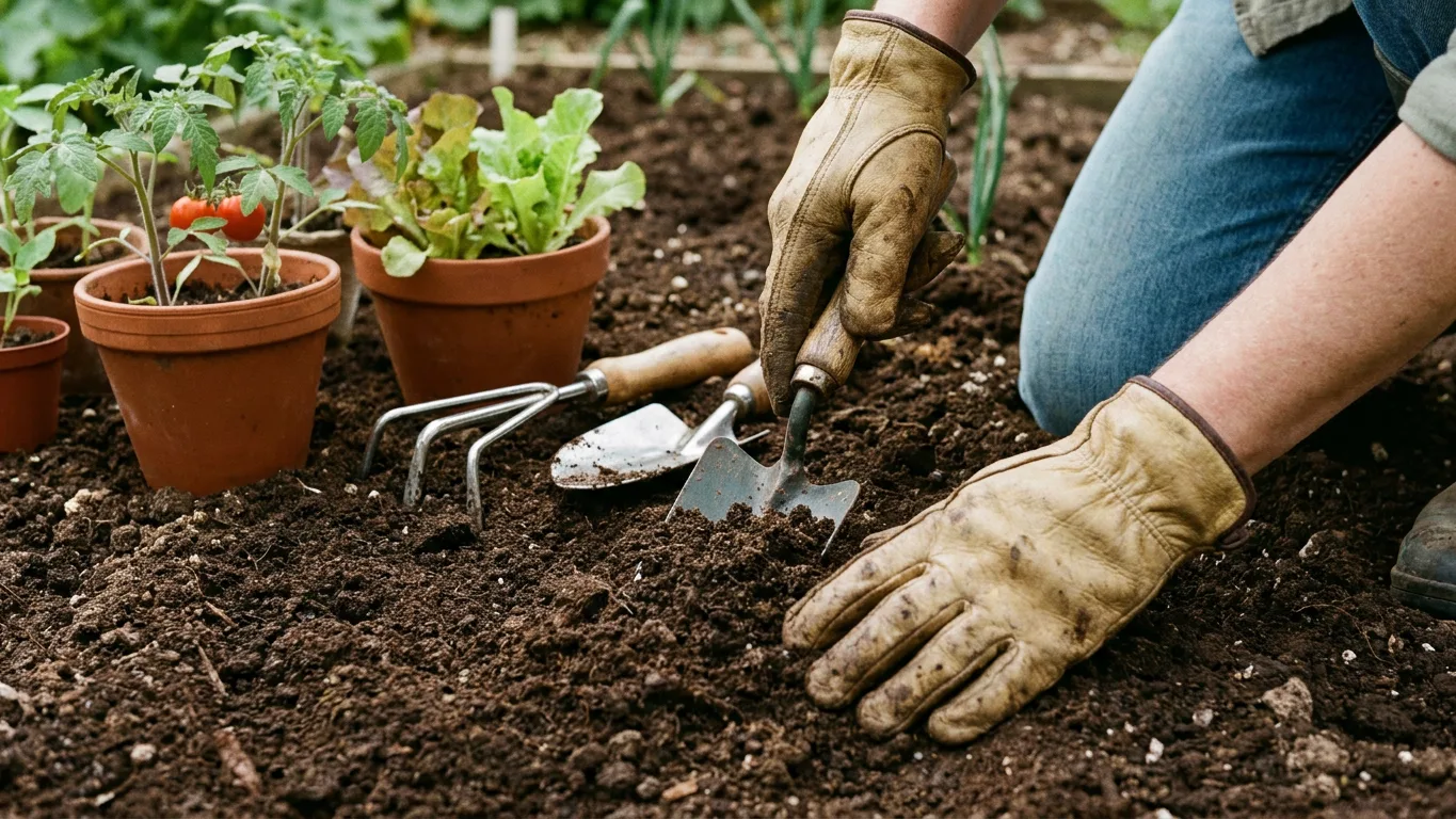 Préparation du sol d’un potager avec des outils de jardinage