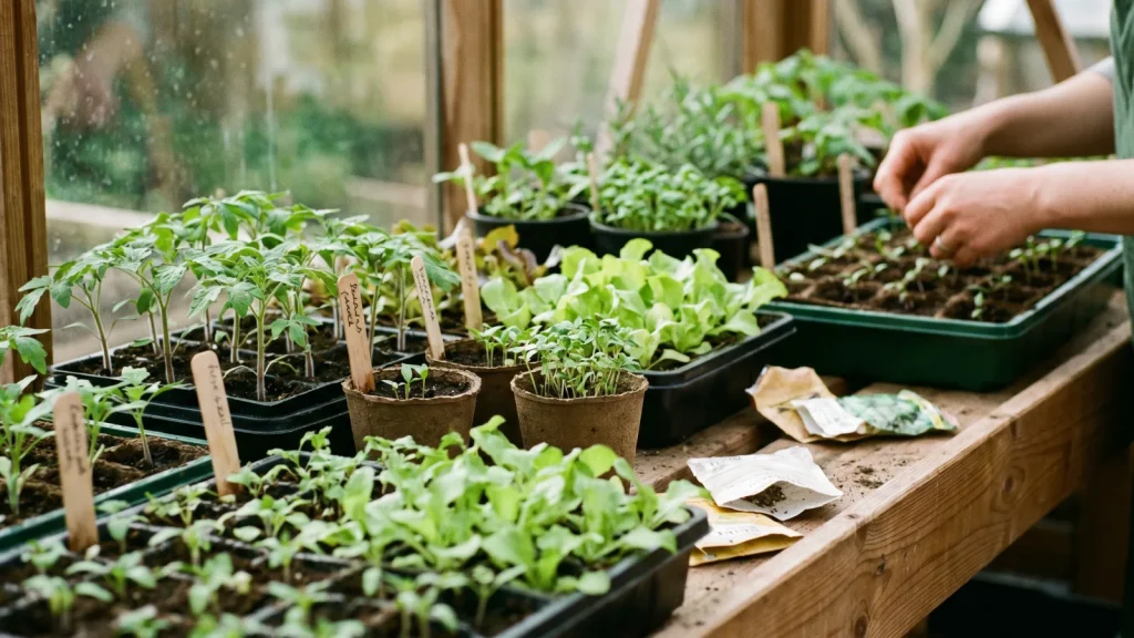 Semis de légumes en godets au printemps