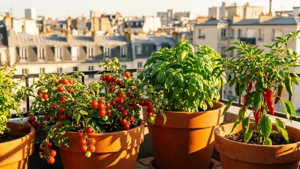Pots de tomates cerises et basilic sur une terrasse ensoleillée