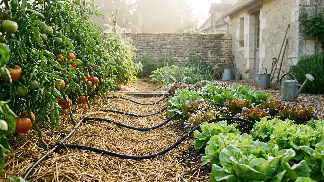 Système d arrosage goutte à goutte au pied des légumes du potager