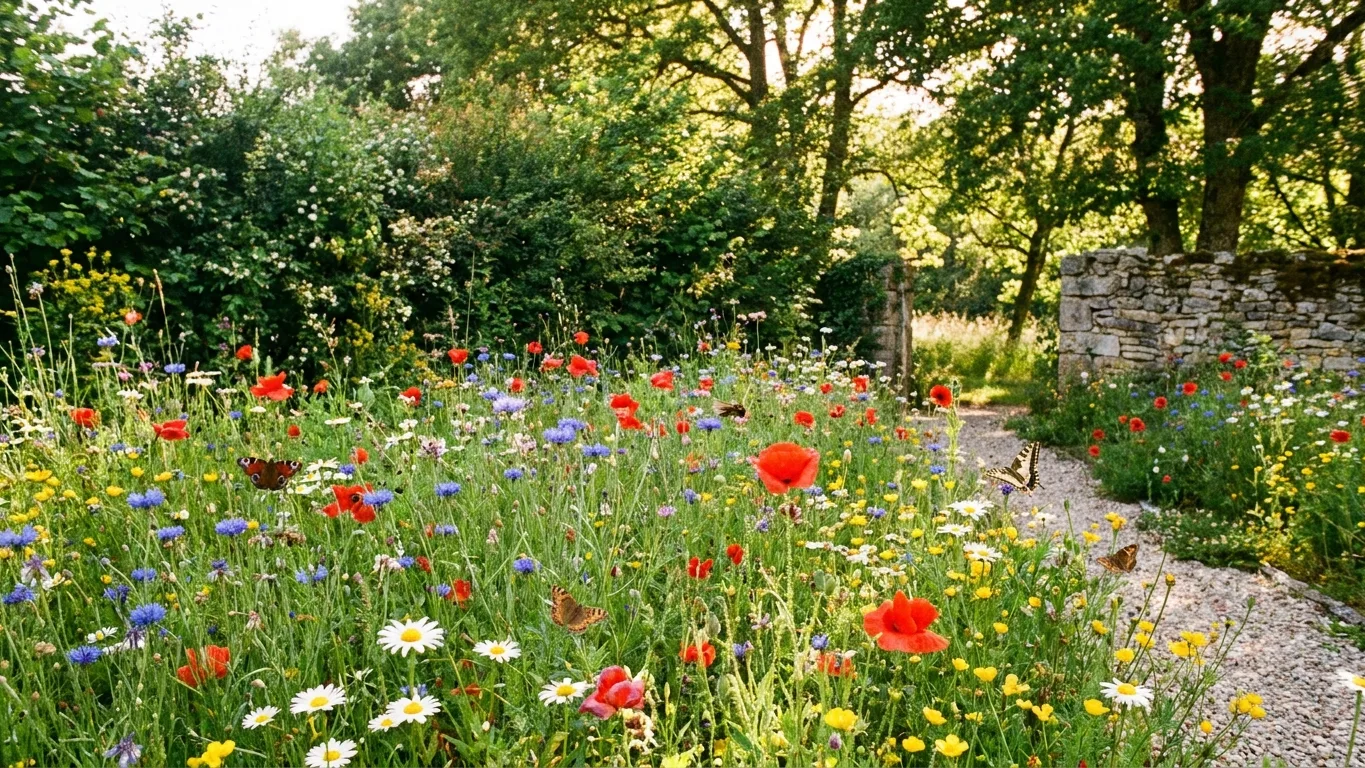 Jardin naturel favorisant la biodiversité avec prairie fleurie et haie champêtre