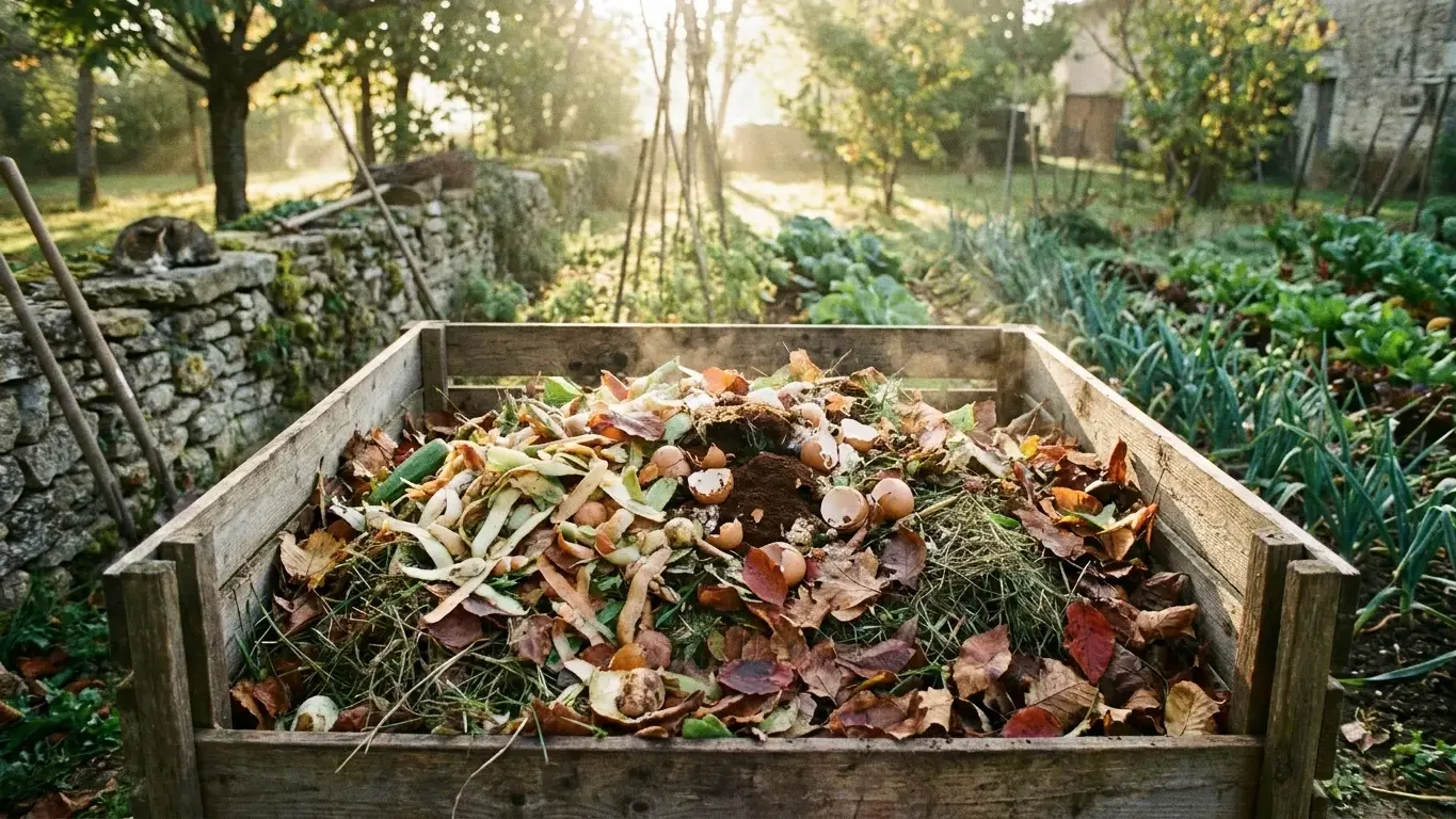 Composteur en bois rempli de déchets organiques dans un jardin potager