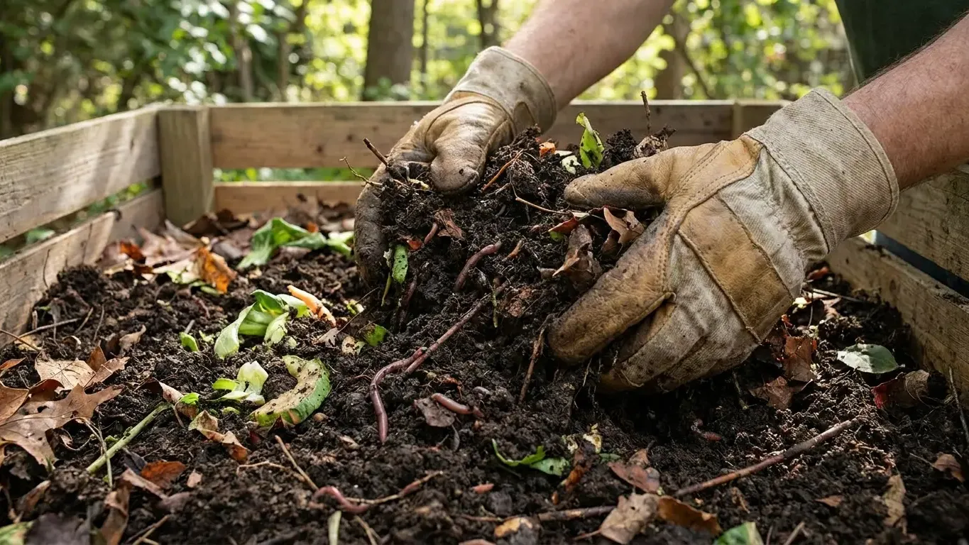 Mains gantées mélangeant du compost mûr et sombre dans un composteur