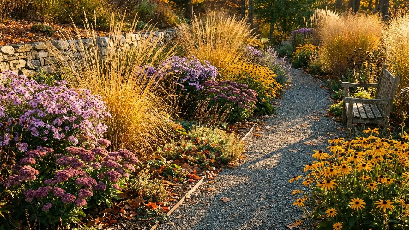 Massif de vivaces en automne aux tonalités chaudes avec graminées et asters