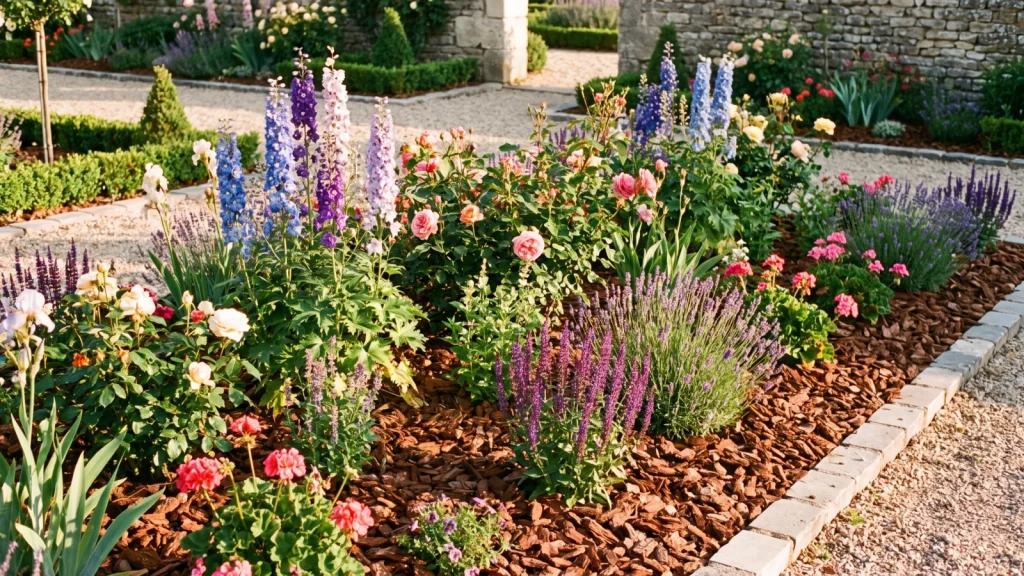 Massif de fleurs vivaces paillé avec des écorces de pin brun-rouge