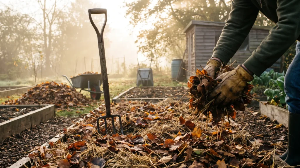 Jardinier étalant un paillage de feuilles mortes et de paille sur les planches du potager en automne