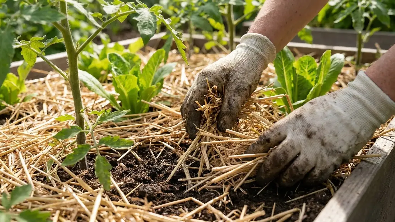 Paillage de paille au pied des légumes pour limiter l évaporation