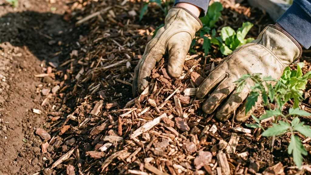 Mains gantées étalant un paillis de copeaux de bois et de BRF au pied de jeunes légumes
