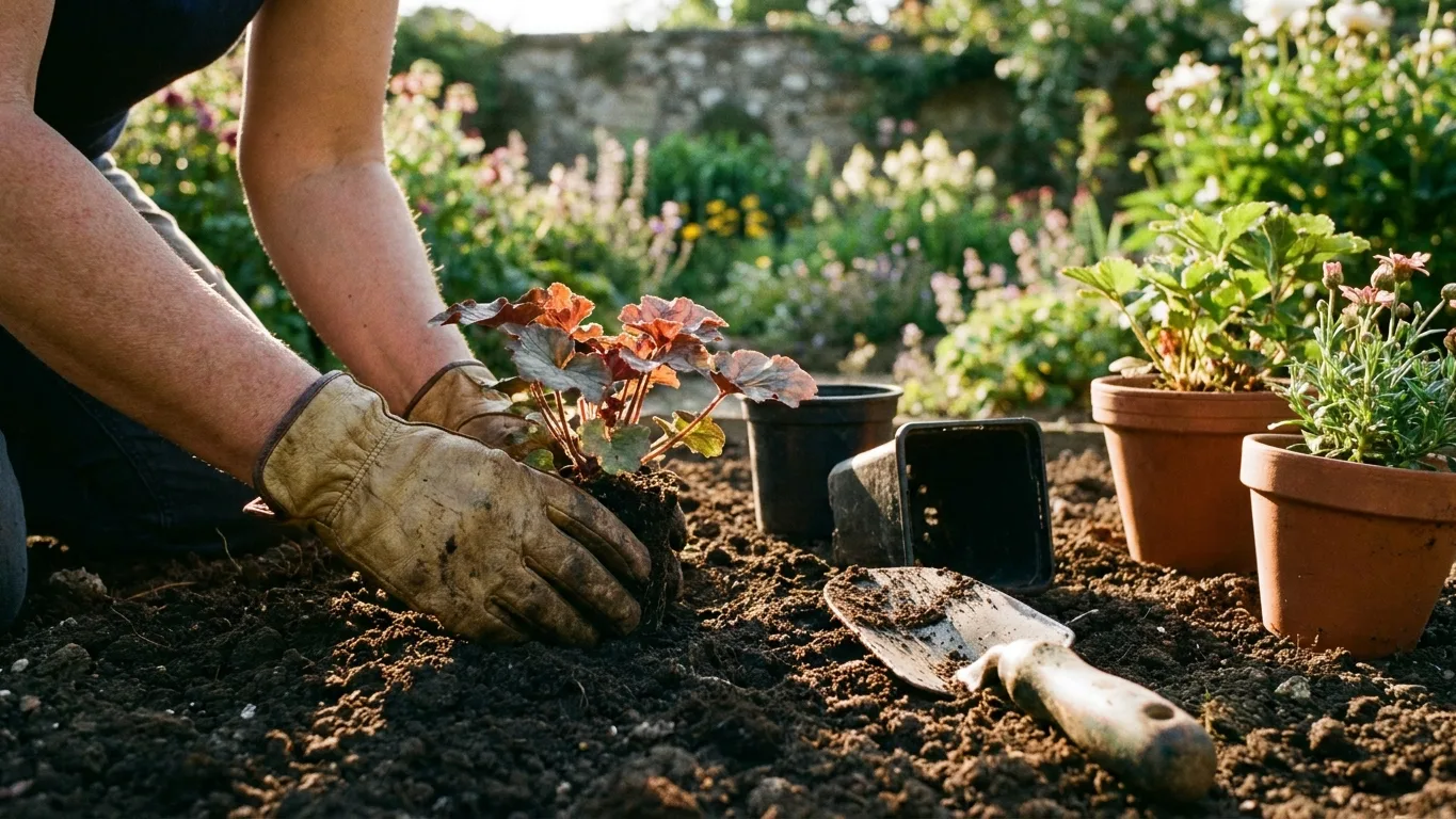 Jardinier plantant des vivaces dans un massif fraîchement préparé