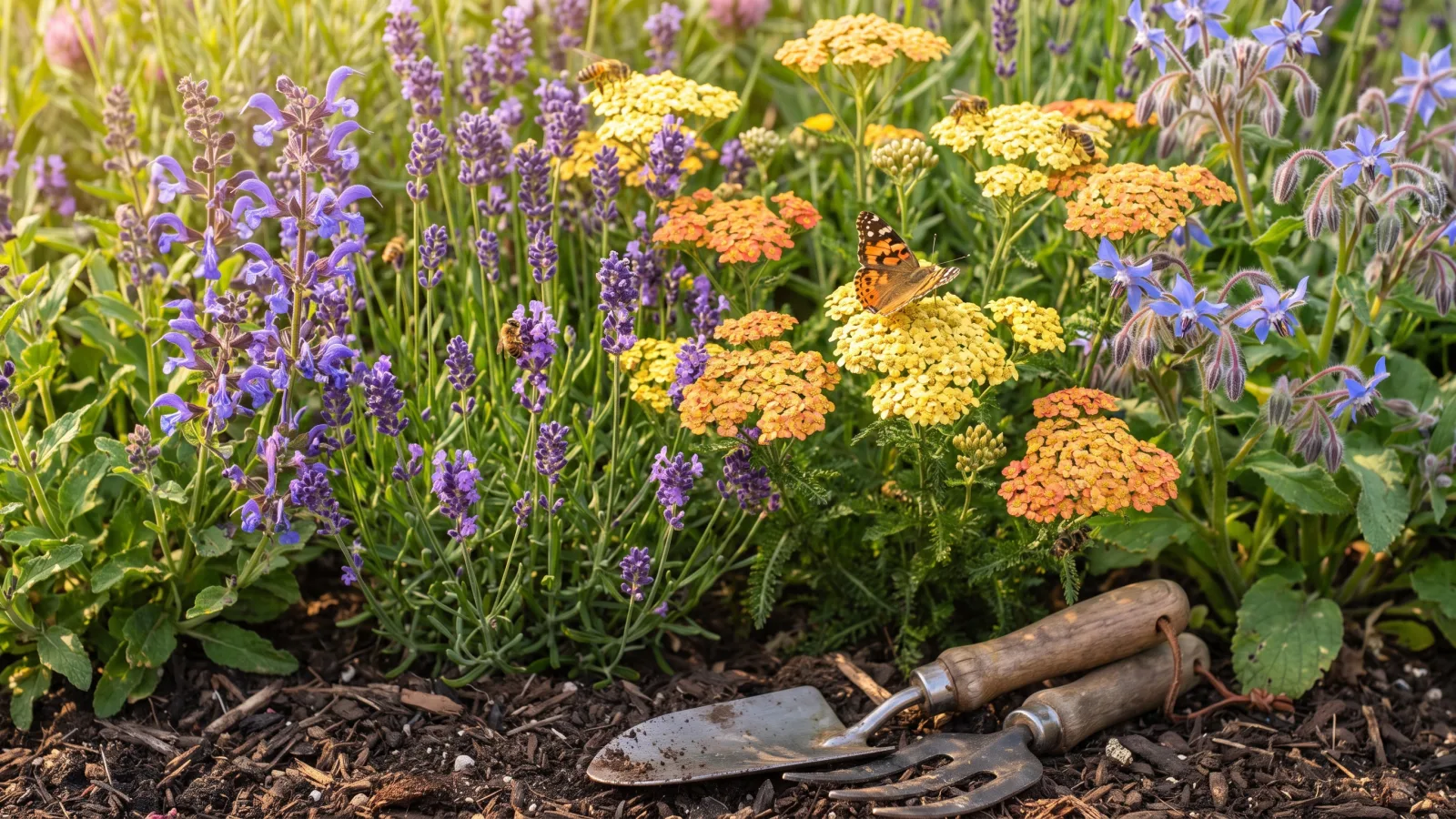 Massif de fleurs mellifères butiné par des abeilles et un papillon