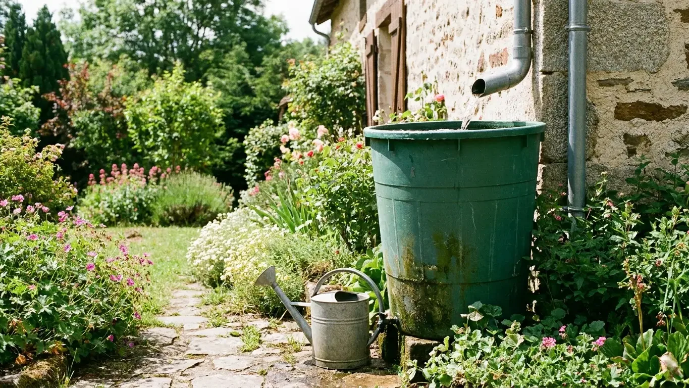 Récupérateur d eau de pluie relié à une gouttière dans un jardin