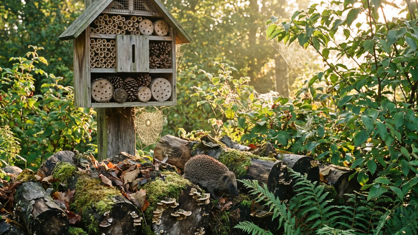 Hôtel à insectes et hérisson dans un refuge de biodiversité au jardin