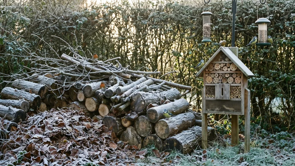 Tas de bûches, feuilles mortes, hôtel à insectes et mangeoire dans un coin de jardin en hiver