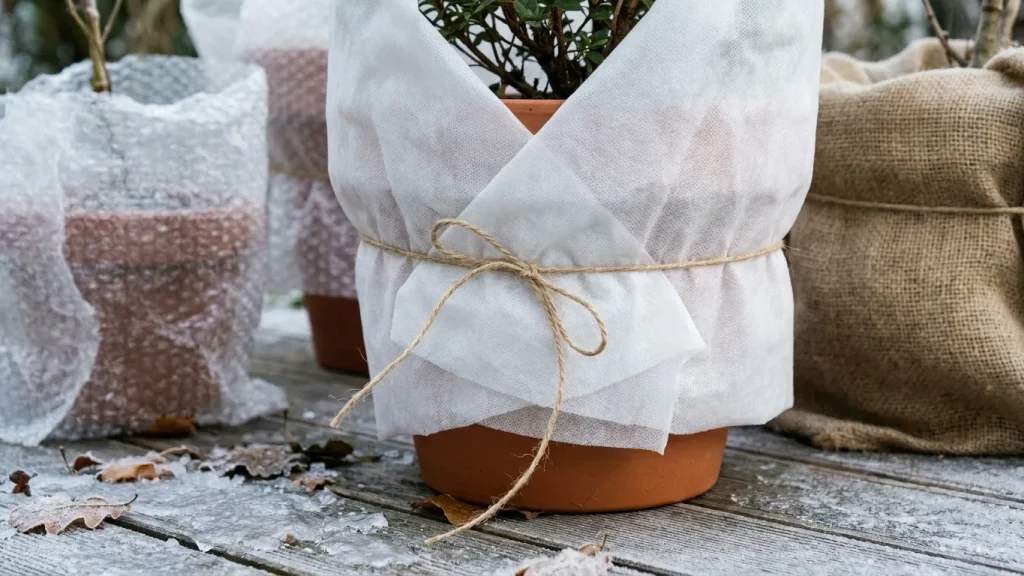 Arbuste en pot de terre cuite emballé dans un voile d'hivernage blanc sur une terrasse givrée